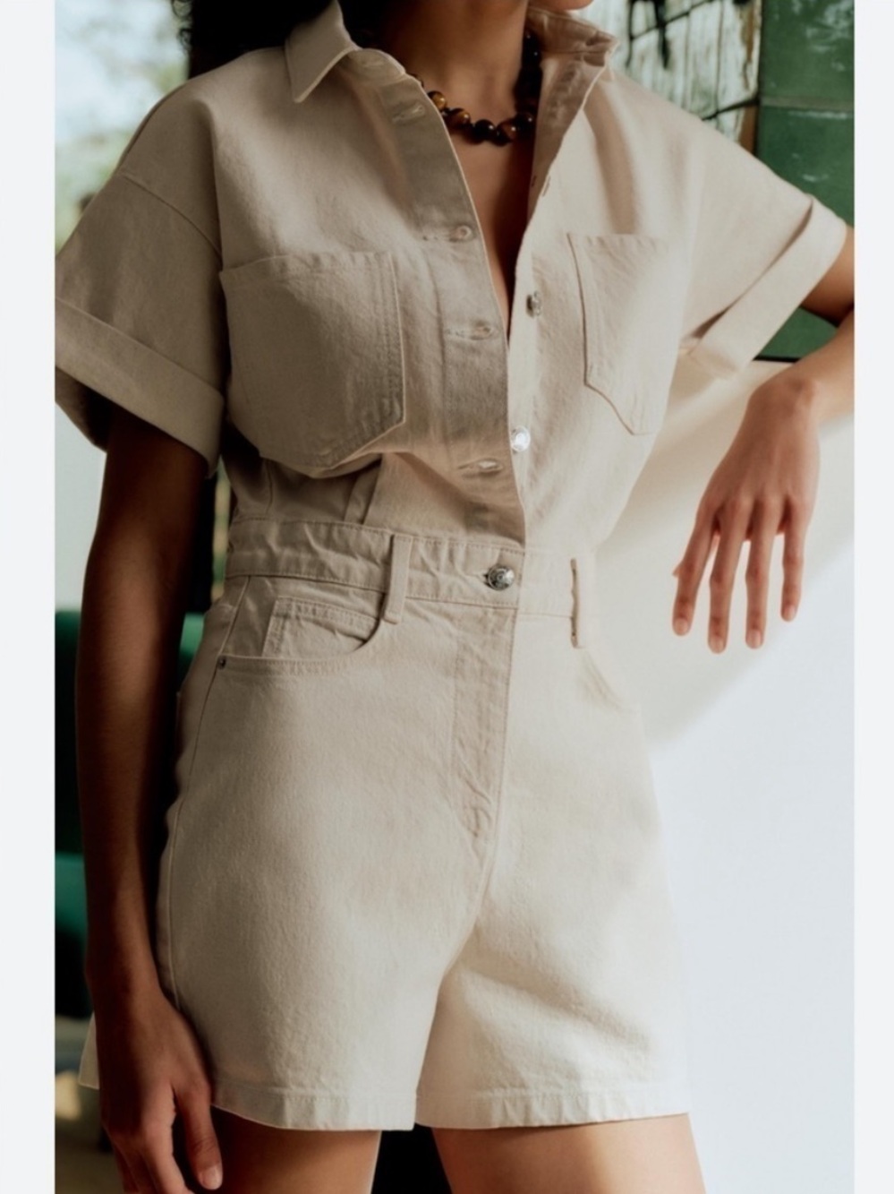 Zara Neutral High-Rise Denim Jumpsuit
